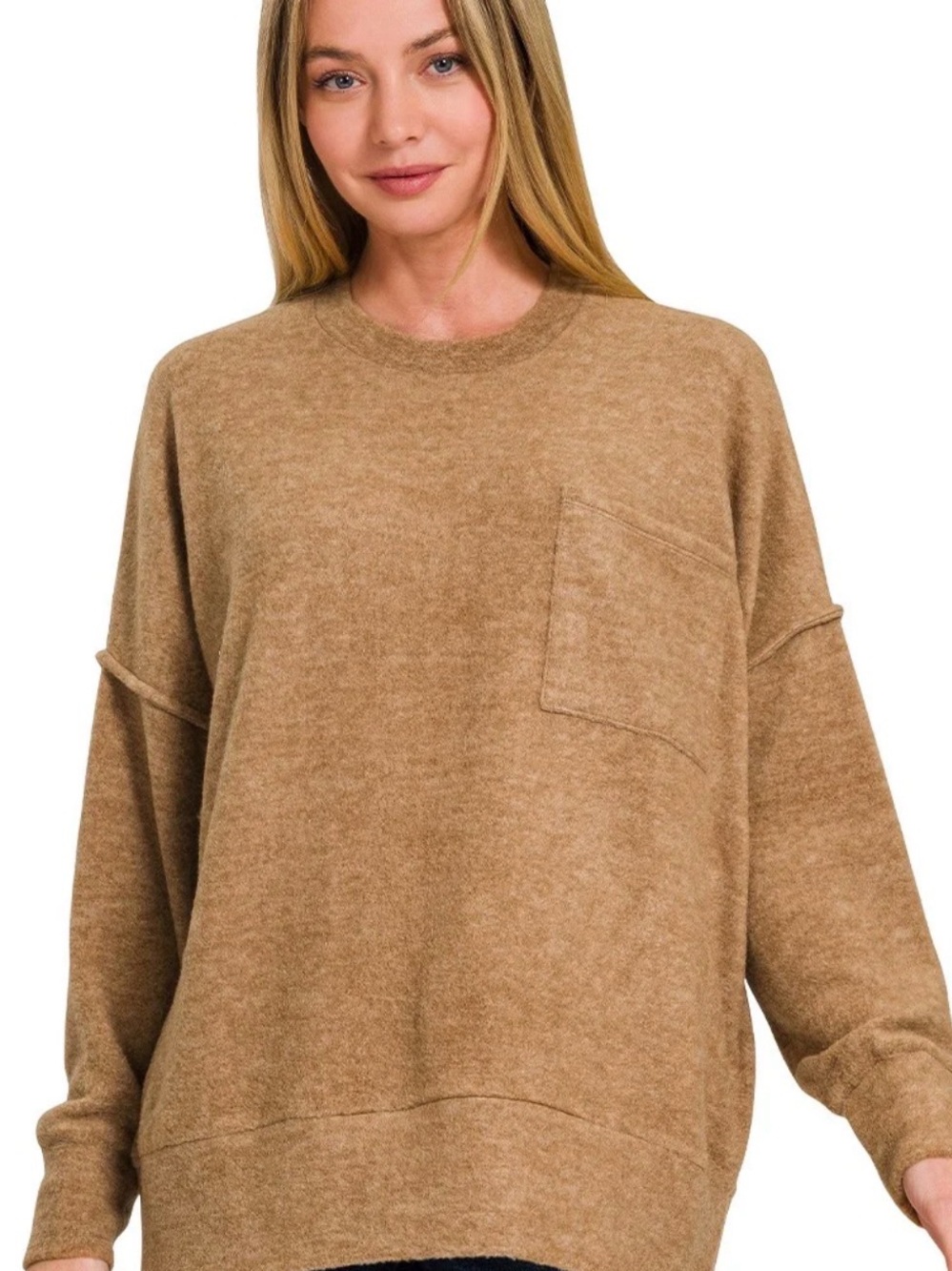 NWT Zenana Brushed Melange Drop Shoulder Oversized Sweater - Camel Brown